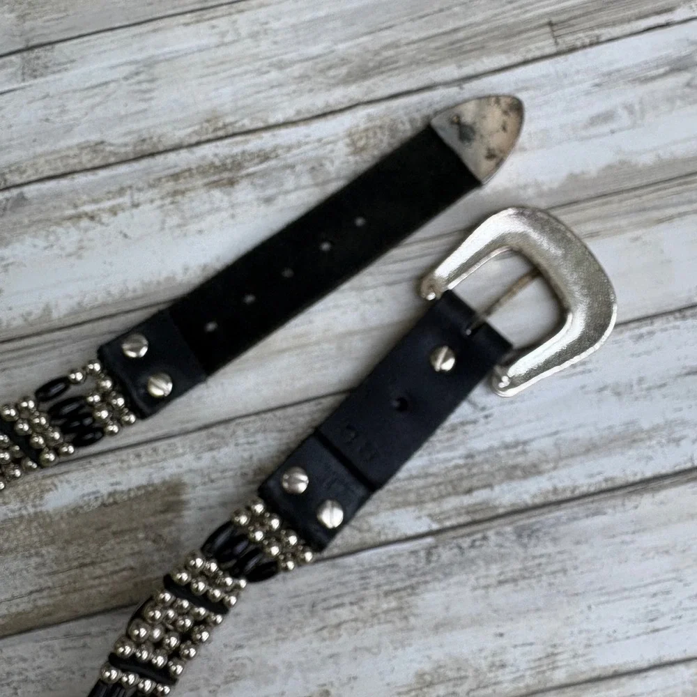 Cactus Mountain Western Belt 38 Handmade Black Silver 4 Strand Bone Beads Concho